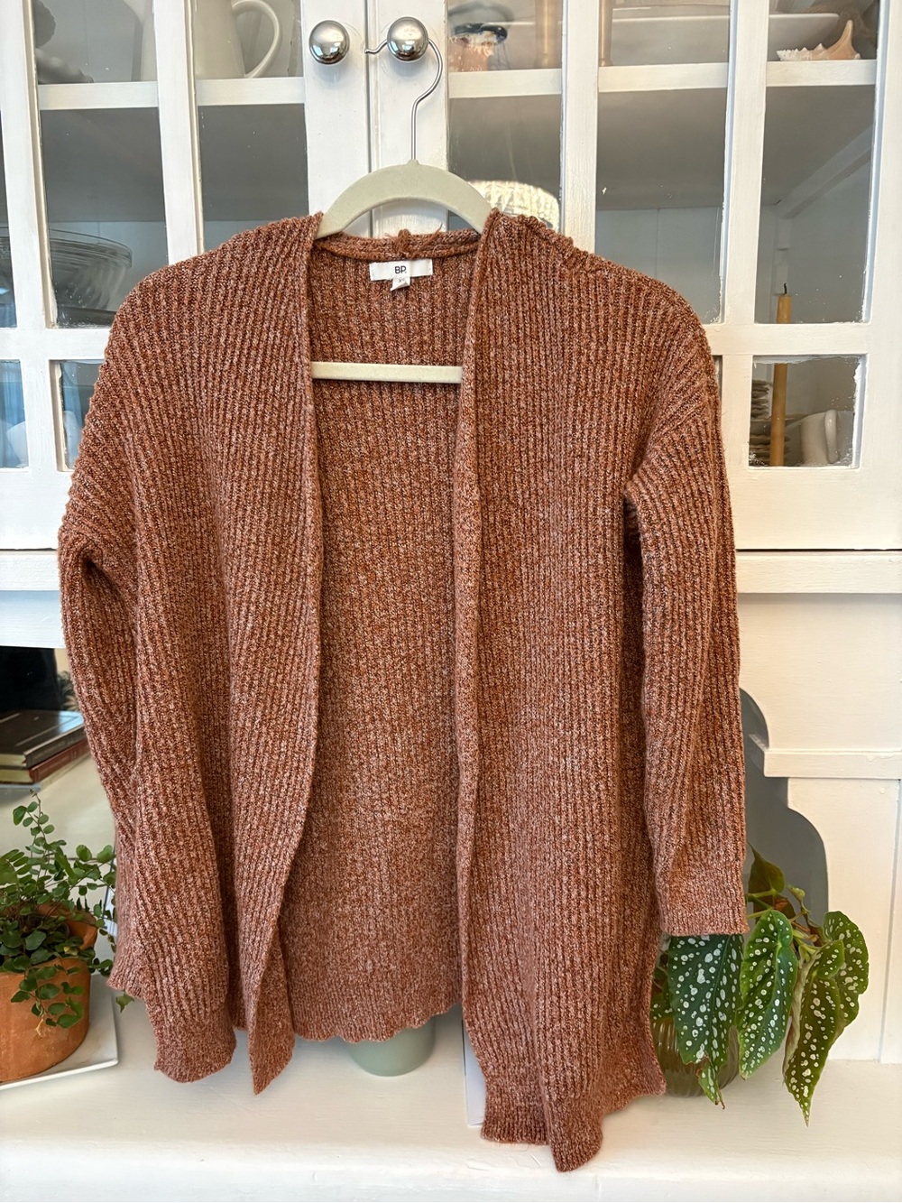 bp Open-Front Ribbed Cardigan in Rust